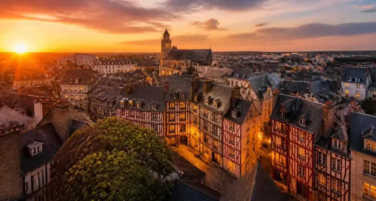 Le centre historique de Rennes, ruelles à colombages au coucher du soleil