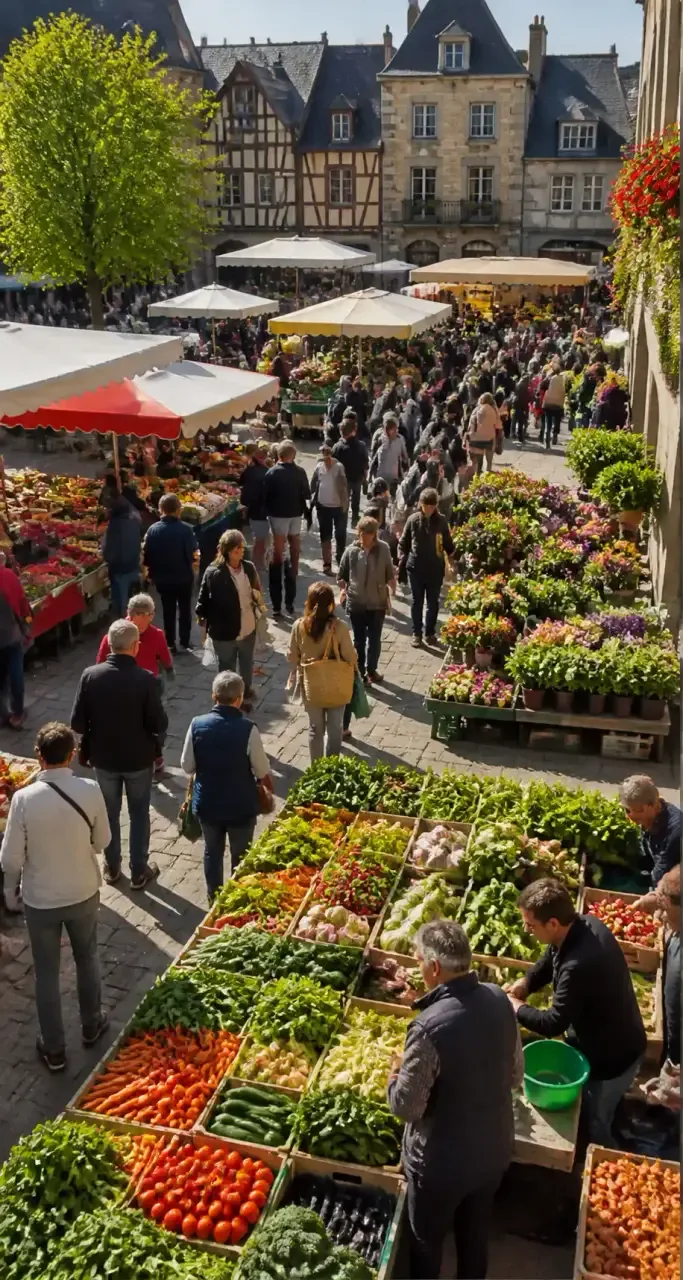 Étals de légumes et de fleurs au marché dominical de Rennes