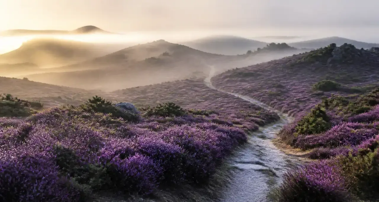 Sentier de randonnée dans la lande fleurie, autour de Rennes
